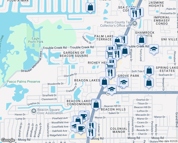 map of restaurants, bars, coffee shops, grocery stores, and more near 4240 Sheldon Place in New Port Richey