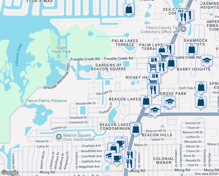 map of restaurants, bars, coffee shops, grocery stores, and more near 4229 Redcliff Place in Port Richey