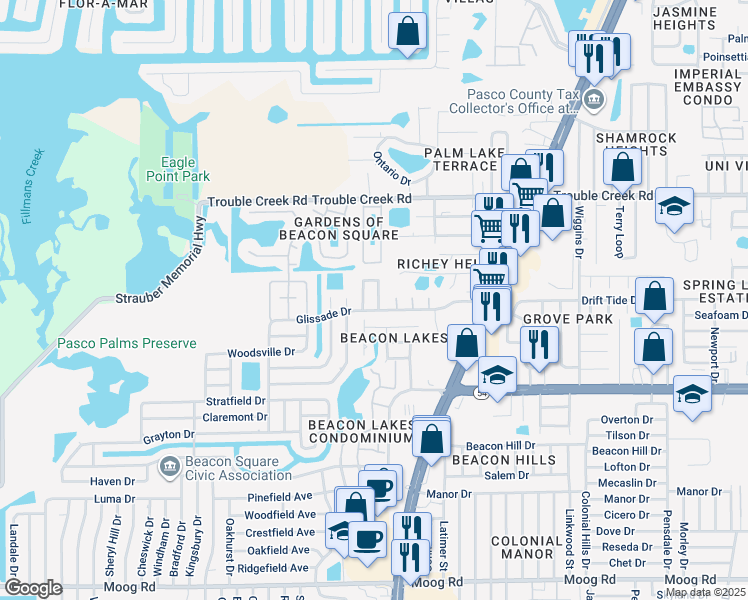 map of restaurants, bars, coffee shops, grocery stores, and more near 4240 Sheldon Place in New Port Richey