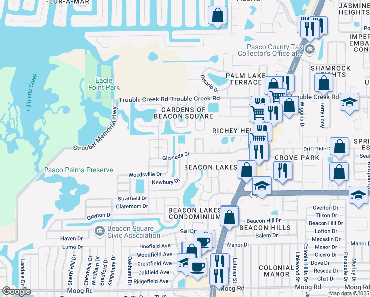 map of restaurants, bars, coffee shops, grocery stores, and more near 4229 Redcliff Place in Port Richey