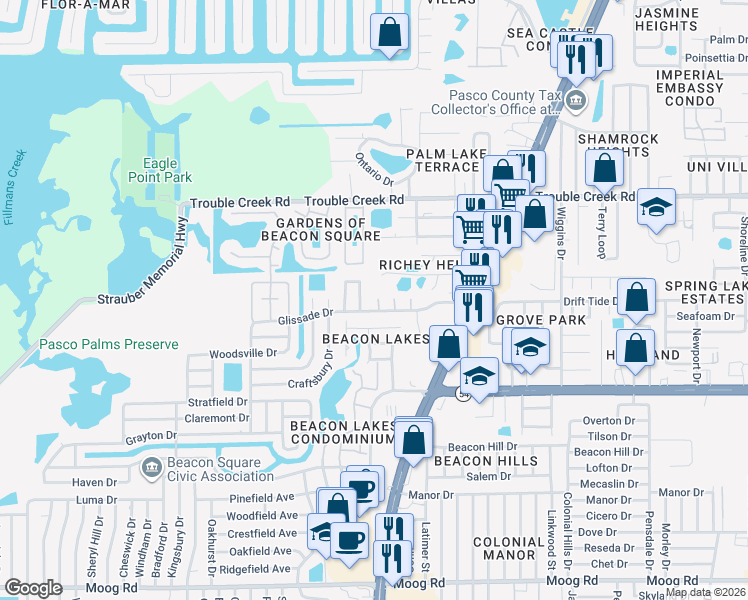 map of restaurants, bars, coffee shops, grocery stores, and more near 4240 Sheldon Place in New Port Richey
