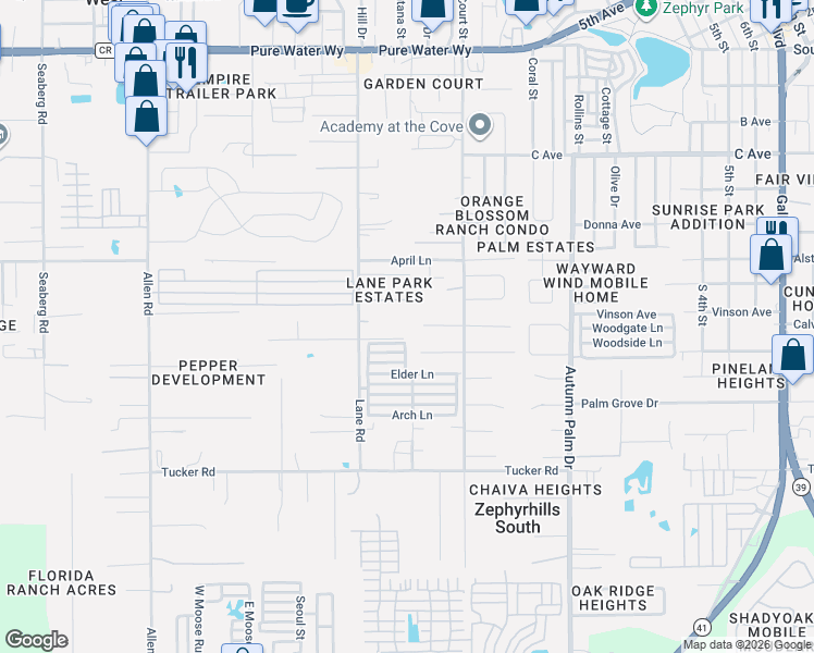map of restaurants, bars, coffee shops, grocery stores, and more near 37536 Marcliff Terrace in Zephyrhills