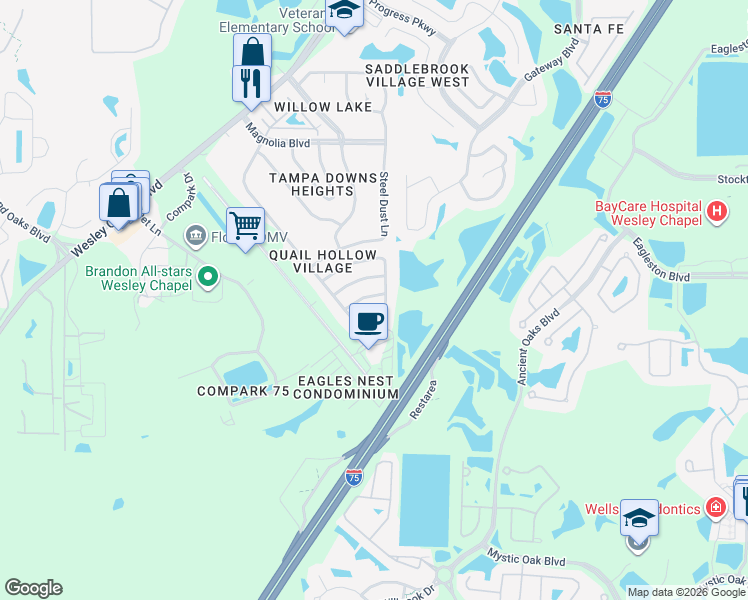 map of restaurants, bars, coffee shops, grocery stores, and more near 26922 Carmen Place in Lutz
