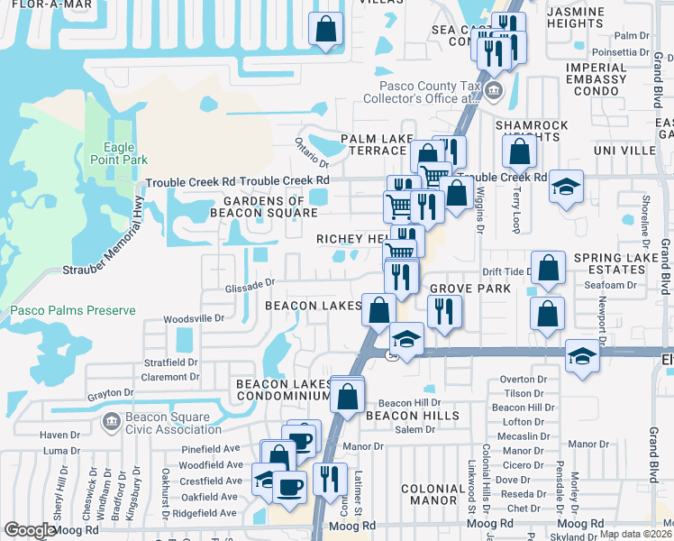 map of restaurants, bars, coffee shops, grocery stores, and more near 4220 Prince Place in Port Richey