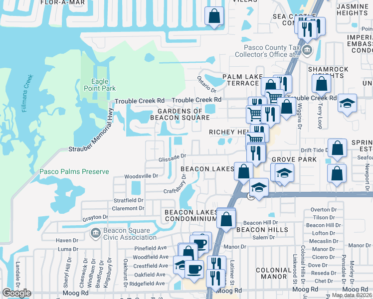 map of restaurants, bars, coffee shops, grocery stores, and more near 4229 Redcliff Place in Port Richey