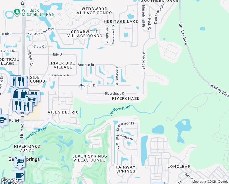 map of restaurants, bars, coffee shops, grocery stores, and more near 9745 Riverchase Drive in New Port Richey