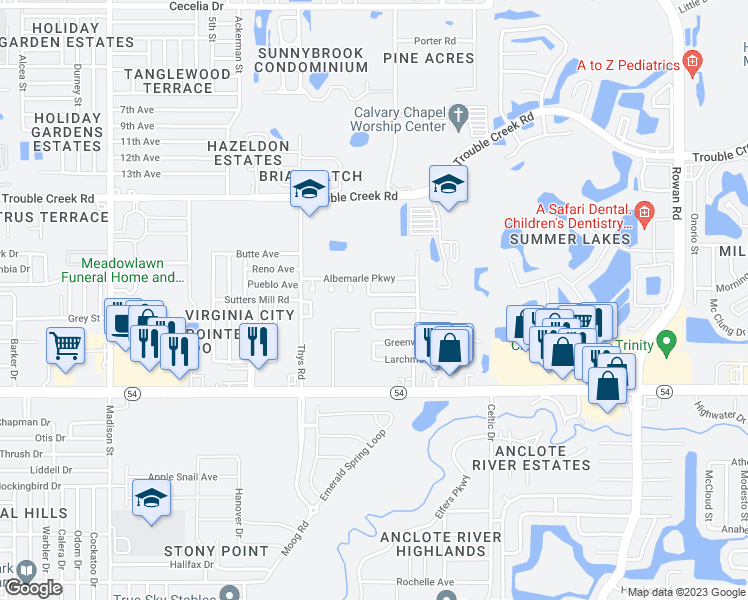map of restaurants, bars, coffee shops, grocery stores, and more near 6668 Knightsbridge Drive in New Port Richey