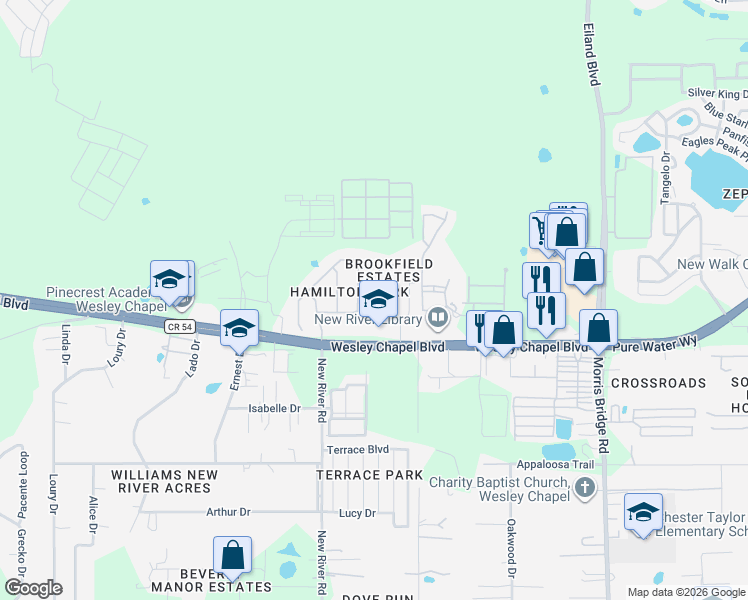map of restaurants, bars, coffee shops, grocery stores, and more near 4333 Fieldview Circle in Wesley Chapel