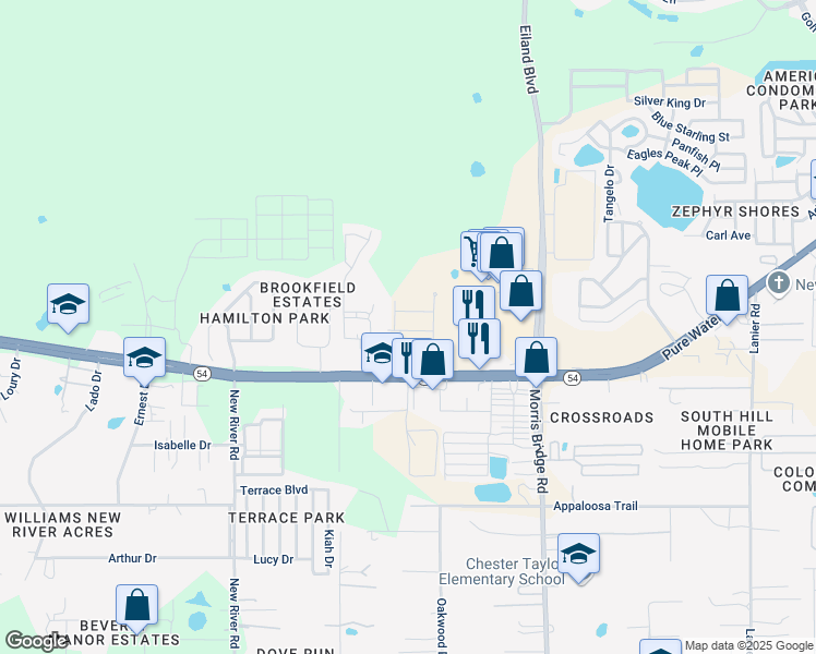 map of restaurants, bars, coffee shops, grocery stores, and more near 4301 Point Cypress Boulevard in Zephyrhills