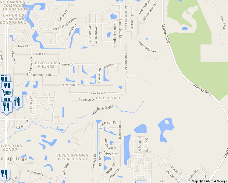 map of restaurants, bars, coffee shops, grocery stores, and more near 9911 Riverchase Drive in New Port Richey