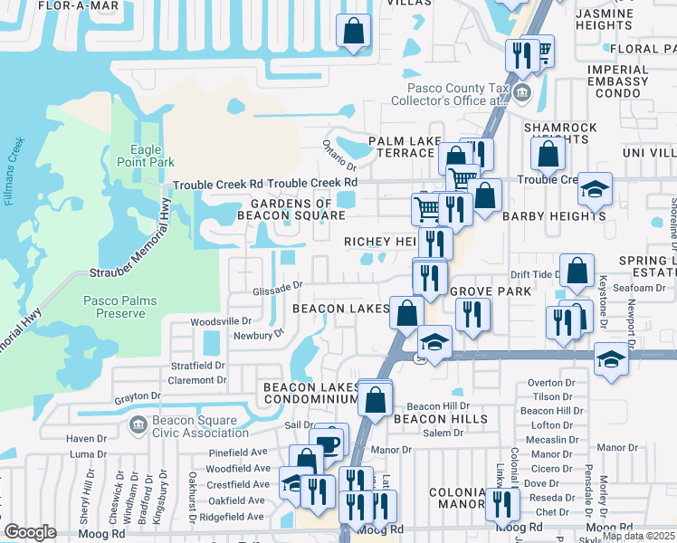 map of restaurants, bars, coffee shops, grocery stores, and more near 4240 Sheldon Place in New Port Richey