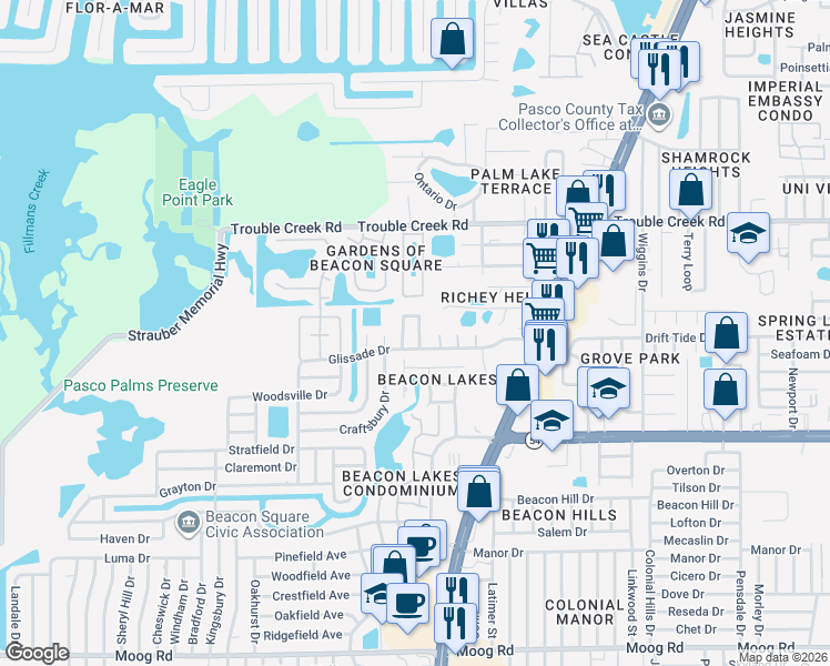 map of restaurants, bars, coffee shops, grocery stores, and more near 4240 Sheldon Place in New Port Richey