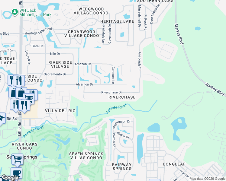 map of restaurants, bars, coffee shops, grocery stores, and more near 9801 Riverchase Drive in New Port Richey