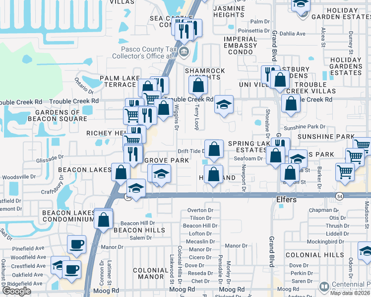 map of restaurants, bars, coffee shops, grocery stores, and more near 4236 Natchez Drive in Port Richey