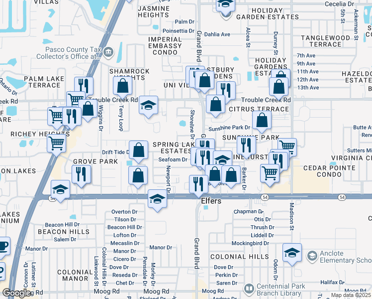 map of restaurants, bars, coffee shops, grocery stores, and more near 5425 Drift Tide Drive in New Port Richey
