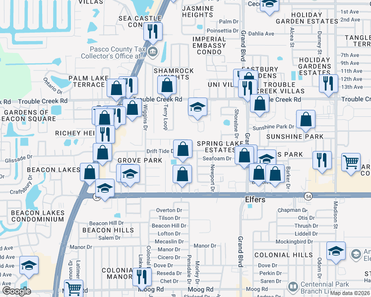 map of restaurants, bars, coffee shops, grocery stores, and more near 5229 Suwannee Drive in Port Richey