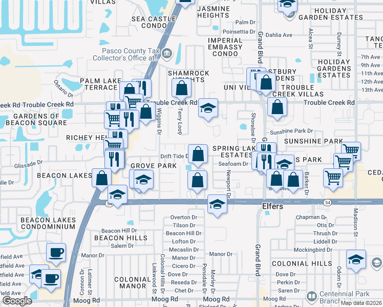 map of restaurants, bars, coffee shops, grocery stores, and more near 4236 Biloxi Drive in Port Richey