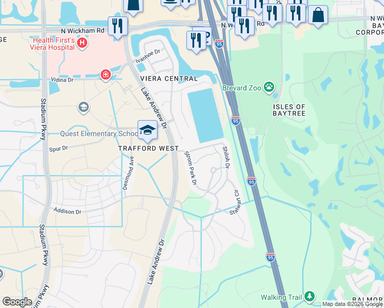 map of restaurants, bars, coffee shops, grocery stores, and more near 935 Shiloh Drive in Melbourne