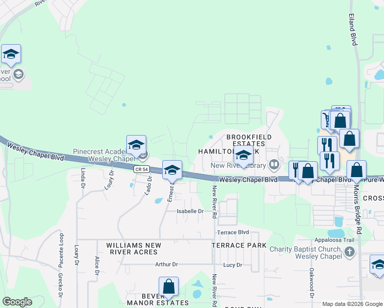 map of restaurants, bars, coffee shops, grocery stores, and more near 4337 Hawksley Place in Wesley Chapel