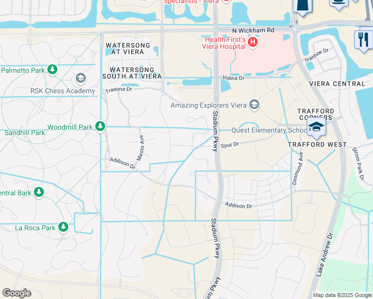 map of restaurants, bars, coffee shops, grocery stores, and more near 2723 Spur Drive in Melbourne
