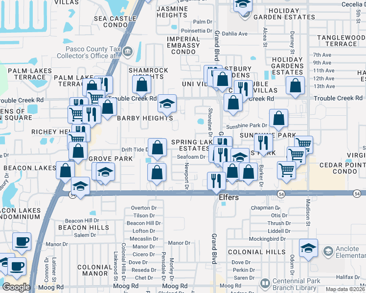 map of restaurants, bars, coffee shops, grocery stores, and more near 5303 Drift Tide Drive in Port Richey
