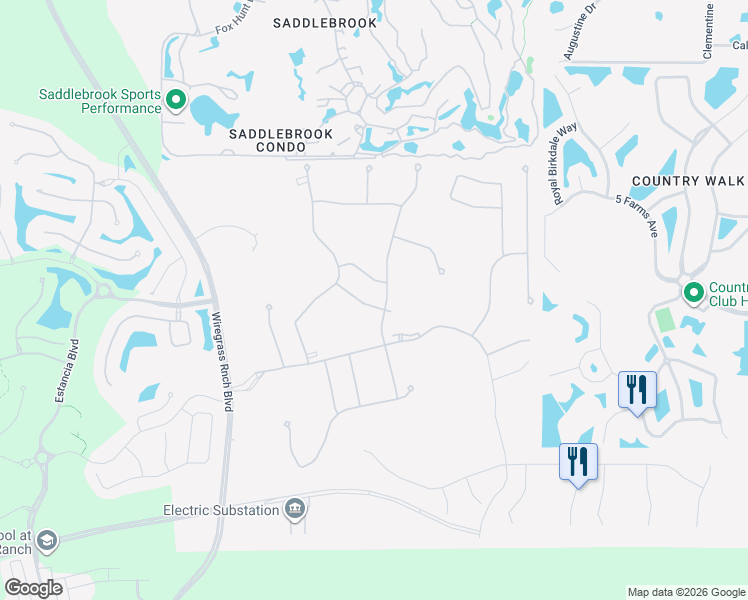 map of restaurants, bars, coffee shops, grocery stores, and more near 29563 Velletri Lane in Wesley Chapel