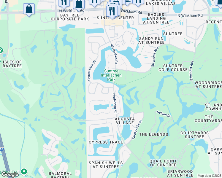 map of restaurants, bars, coffee shops, grocery stores, and more near 596 Crystal Lake Drive in Melbourne