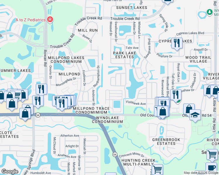 map of restaurants, bars, coffee shops, grocery stores, and more near 4239 Grouper Lane in New Port Richey