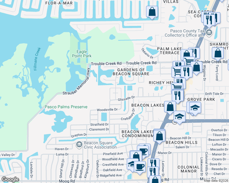 map of restaurants, bars, coffee shops, grocery stores, and more near 4240 Richmere Drive in New Port Richey
