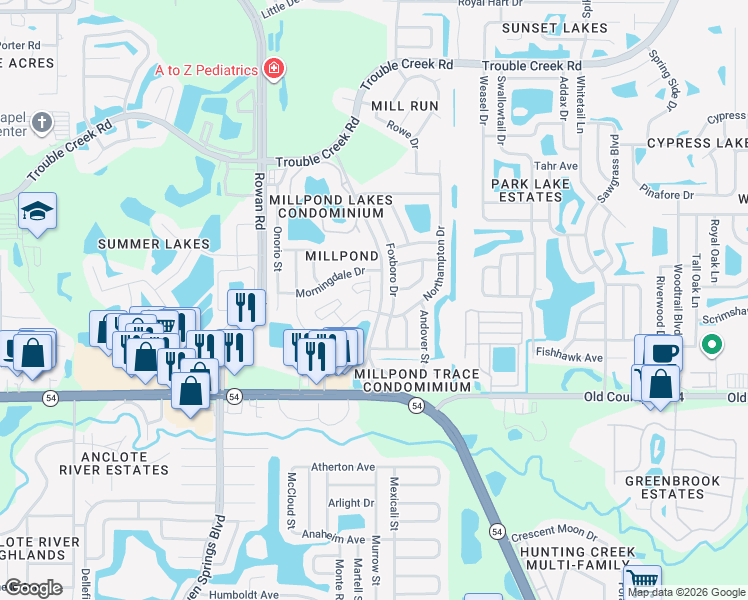 map of restaurants, bars, coffee shops, grocery stores, and more near 4212 Revere Circle in New Port Richey