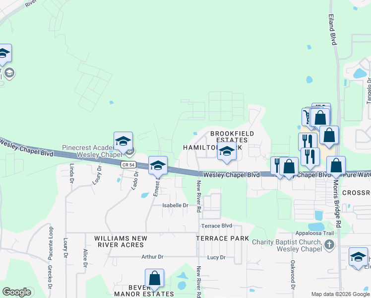 map of restaurants, bars, coffee shops, grocery stores, and more near 4337 Hawksley Place in Wesley Chapel