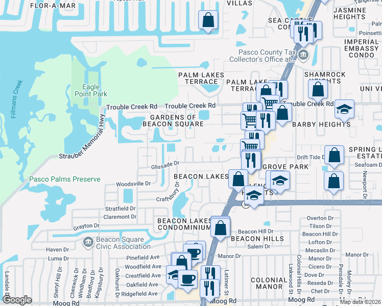 map of restaurants, bars, coffee shops, grocery stores, and more near 4240 Sheldon Place in New Port Richey