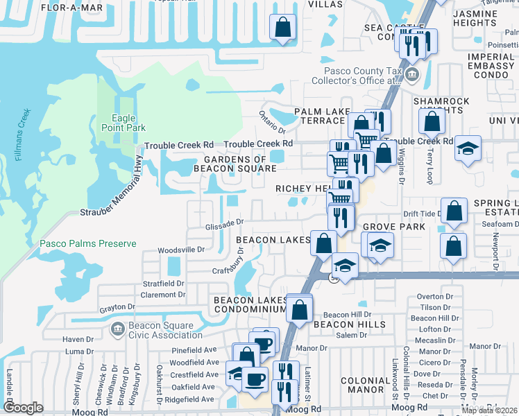 map of restaurants, bars, coffee shops, grocery stores, and more near 4240 Sheldon Place in New Port Richey