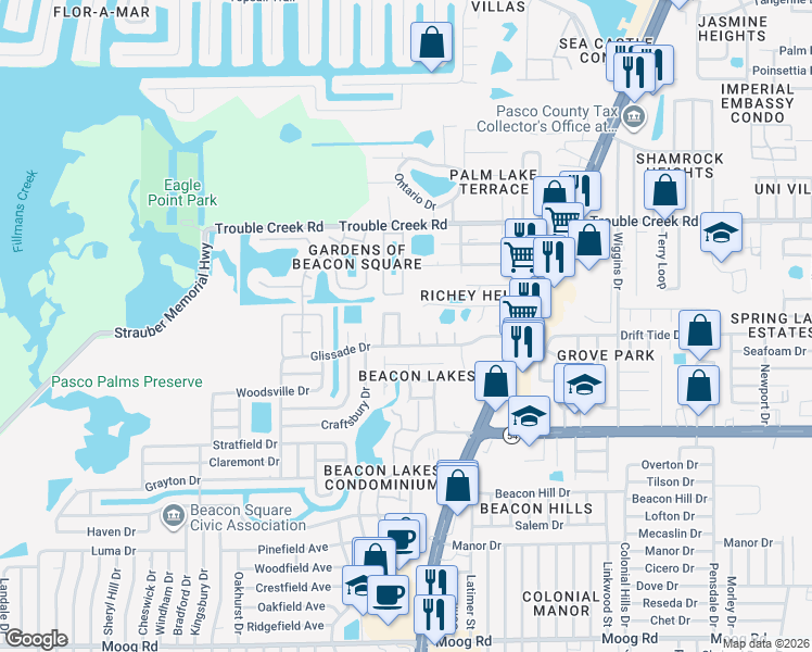 map of restaurants, bars, coffee shops, grocery stores, and more near 4240 Sheldon Place in New Port Richey