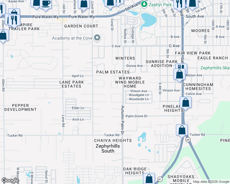 map of restaurants, bars, coffee shops, grocery stores, and more near 4428 Sentry Palm Loop in Zephyrhills
