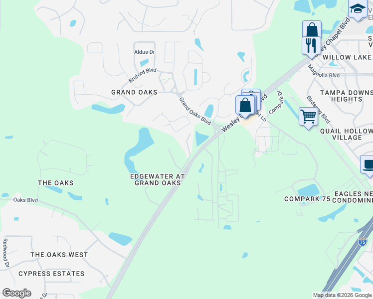map of restaurants, bars, coffee shops, grocery stores, and more near 4525 Winding River Way in Land O' Lakes