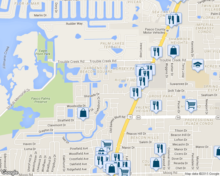 map of restaurants, bars, coffee shops, grocery stores, and more near 4232 Sheldon Place in New Port Richey
