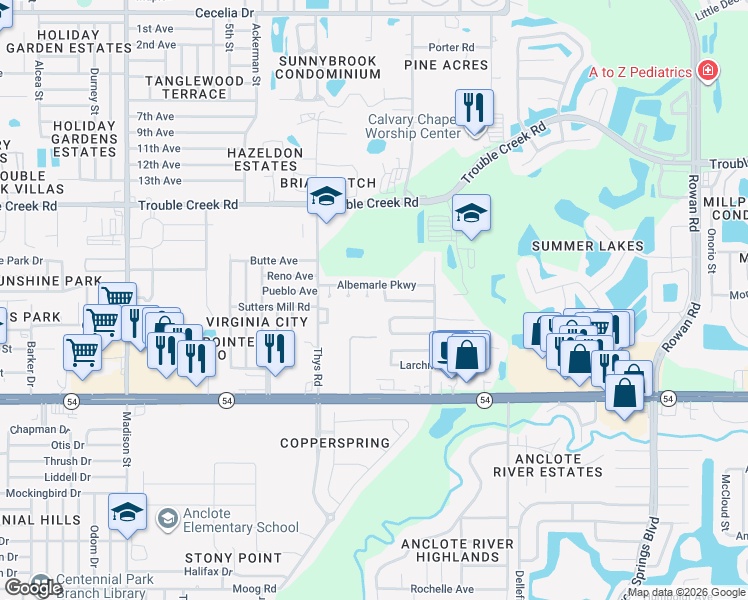map of restaurants, bars, coffee shops, grocery stores, and more near 6661 Knightsbridge Drive in New Port Richey