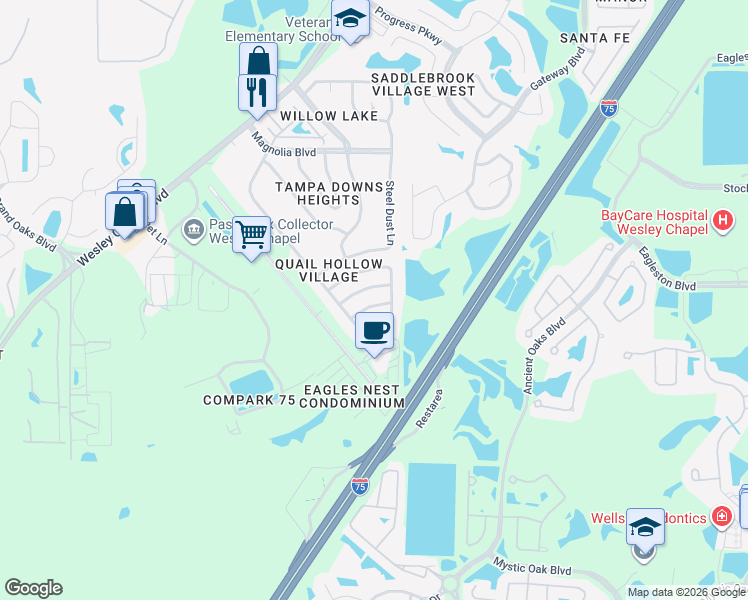 map of restaurants, bars, coffee shops, grocery stores, and more near 26915 Carmen Place in Lutz