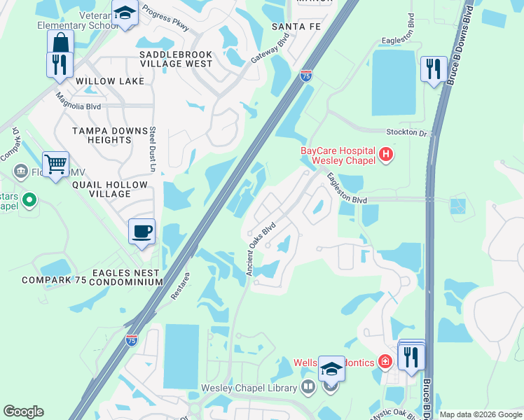 map of restaurants, bars, coffee shops, grocery stores, and more near 27392 Cayenne Lane in Zephyrhills