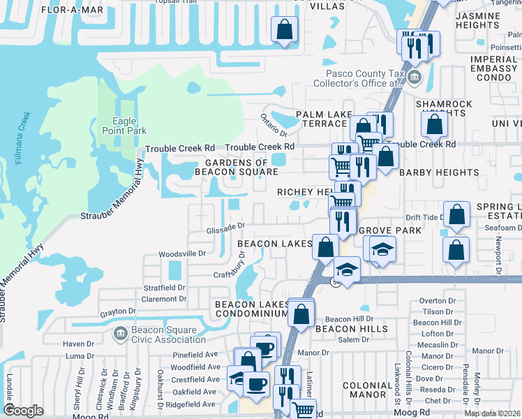 map of restaurants, bars, coffee shops, grocery stores, and more near 4240 Sheldon Place in New Port Richey