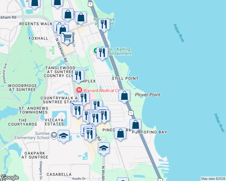 map of restaurants, bars, coffee shops, grocery stores, and more near 116 Chicago Way in Rockledge