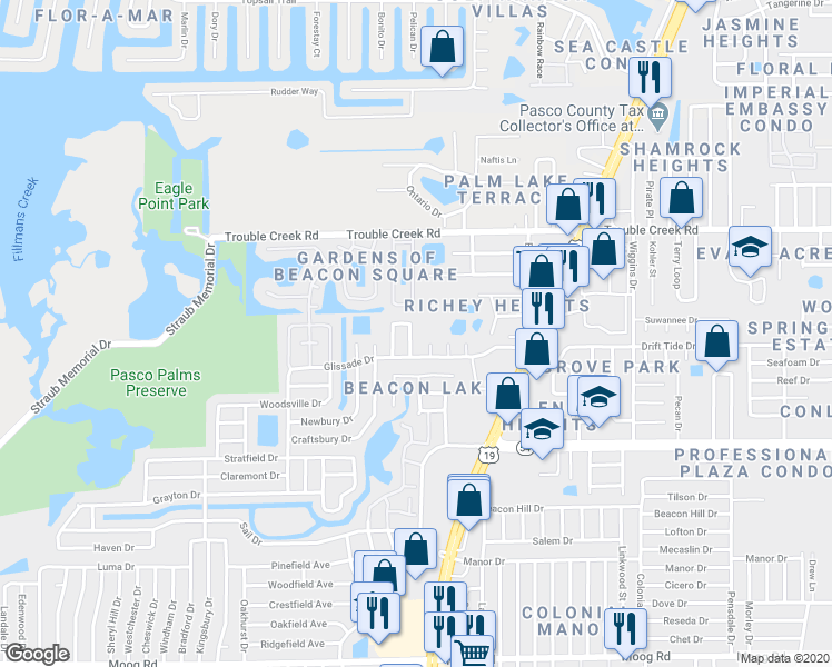 map of restaurants, bars, coffee shops, grocery stores, and more near 4240 Sheldon Place in New Port Richey