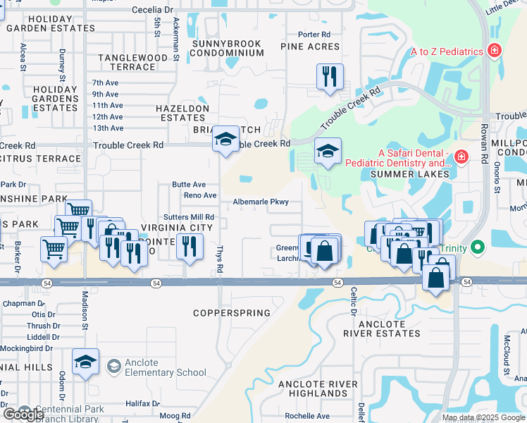 map of restaurants, bars, coffee shops, grocery stores, and more near 6661 Knightsbridge Drive in New Port Richey