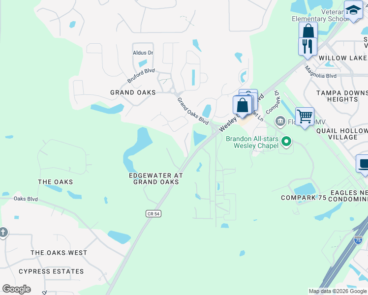 map of restaurants, bars, coffee shops, grocery stores, and more near 4543 Winding River Way in Land O' Lakes