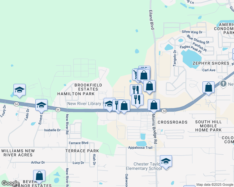 map of restaurants, bars, coffee shops, grocery stores, and more near 4301 Point Cypress Boulevard in Zephyrhills