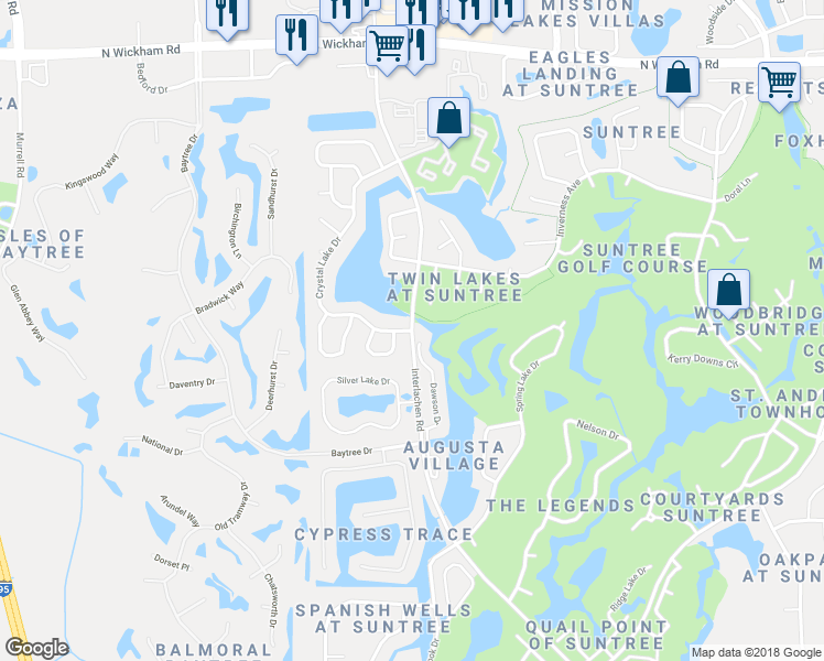 map of restaurants, bars, coffee shops, grocery stores, and more near Interlachen Road in Melbourne