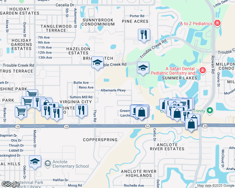 map of restaurants, bars, coffee shops, grocery stores, and more near 6661 Knightsbridge Drive in New Port Richey