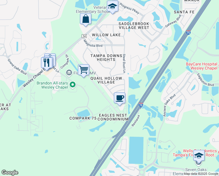 map of restaurants, bars, coffee shops, grocery stores, and more near 26827 Carla Place in Lutz