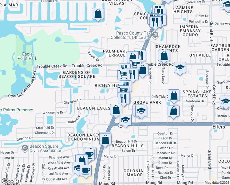 map of restaurants, bars, coffee shops, grocery stores, and more near 4651 Charlene Lane in Port Richey